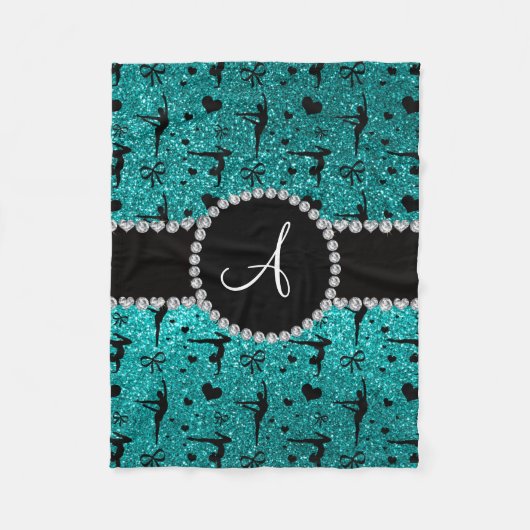 Monogramm helle Aqua-Glitzer-Turnherzen Fleecedecke (Vorderseite)
