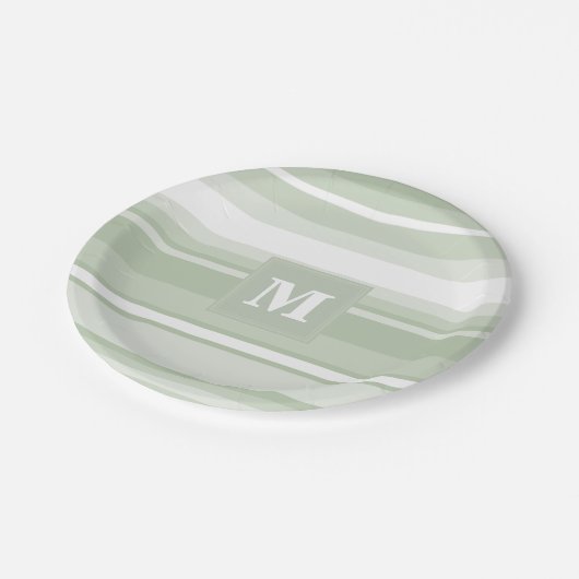 Monogramm hellgrüne Streifen Pappteller (Schrägansicht)