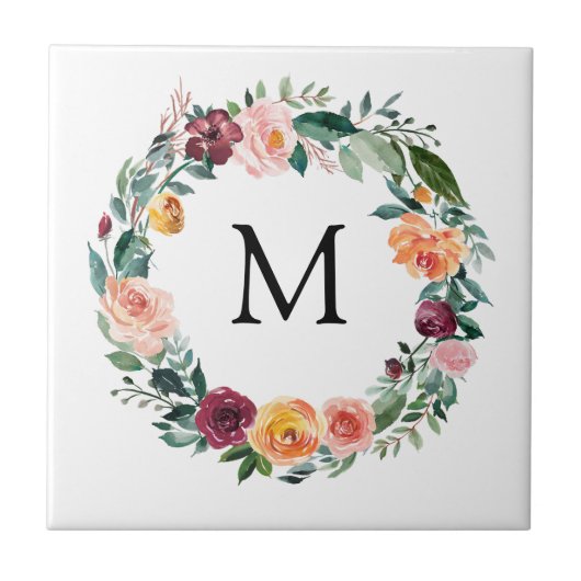 Monogramm Herbst Blume Herbstliche Rose Blumendruc Fliese (Vorderseite)