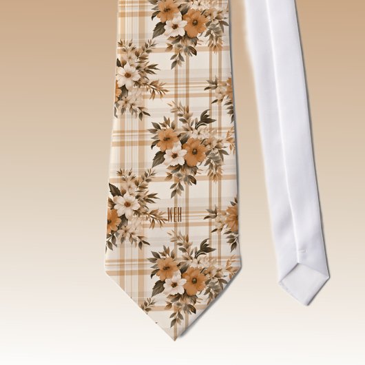 Monogramm Herbst Florals Kariertes Muster Necktie Krawatte