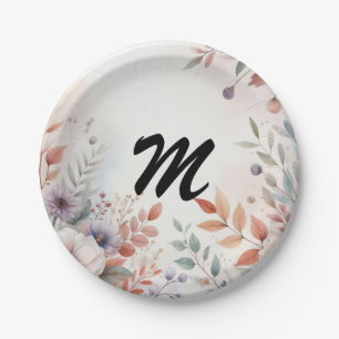 Monogramm Herbstblätter und Blumen Aquarell  Pappteller