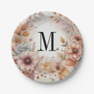 Monogramm Herbstblätter und Blumen Aquarell  Pappteller