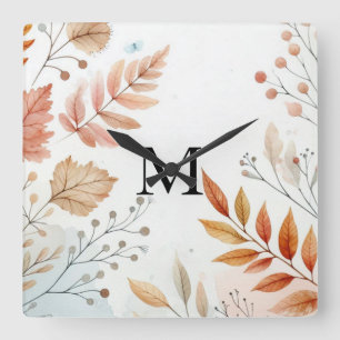 Monogramm Herbstblätter Wasserfarbe Pastellfarbe  Quadratische Wanduhr