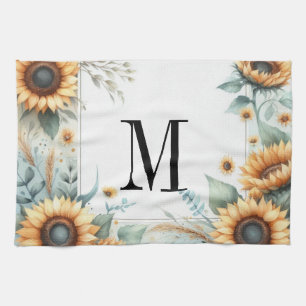 Monogramm Herbstblumen und Sonnenblumen Aquarell Geschirrtuch