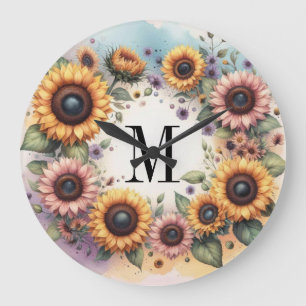 Monogramm Herbstblumen und Sonnenblumen Aquarell Große Wanduhr