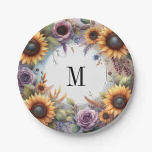 Monogramm Herbstblumen und Sonnenblumen Aquarell Pappteller