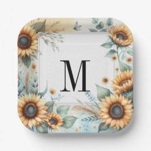 Monogramm Herbstblumen und Sonnenblumen Aquarell Pappteller