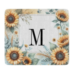 Monogramm Herbstblumen und Sonnenblumen Aquarell Schneidebrett