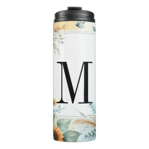 Monogramm Herbstblumen und Sonnenblumen Aquarell Thermosbecher