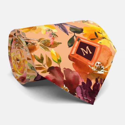 Monogramm Herbstfarben Gold Pfirsichfarben Rose Bl Krawatte (Gerollt)
