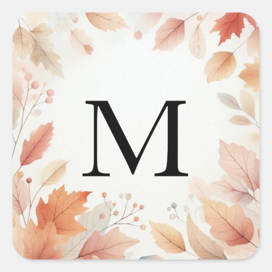 Monogramm Herbstlaub Aquarellfarbe Quadratischer Aufkleber (Vorderseite)