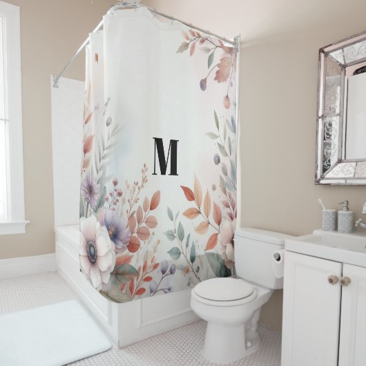 Monogramm Herbstlaub und Blume, Aquarell Duschvorhang (Beispiel)