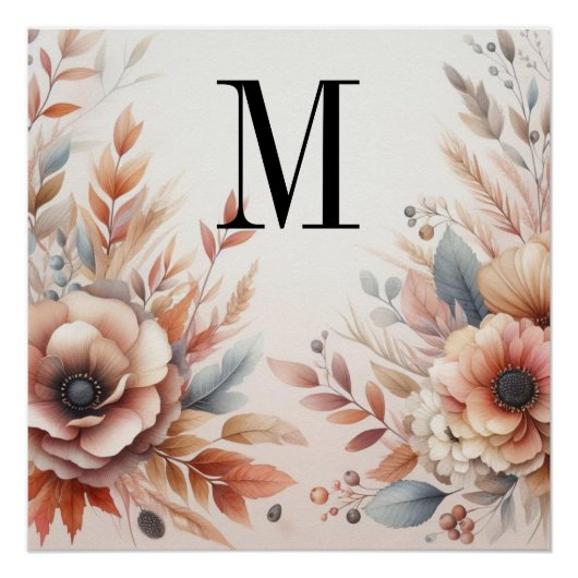 Monogramm Herbstlaub und Blume, Aquarell Poster (Vorderseite)