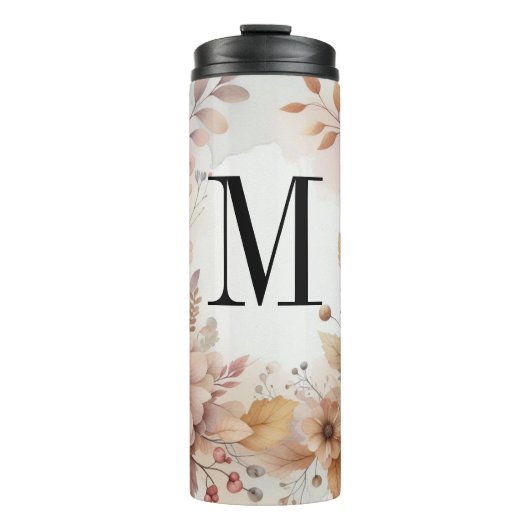 Monogramm Herbstlaub und Blume, Aquarell Thermosbecher (Vorderseite)