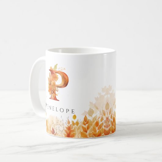 Monogramm-Herbstlaube Anfangsbuchstaben P Kaffeetasse (Vorderseite Links)