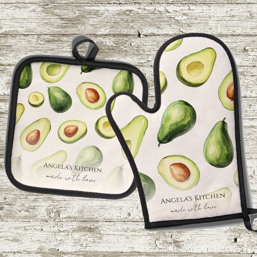 Monogramm hergestellt mit Liebe Avocado Ofenhandschuh & Topflappen-Set