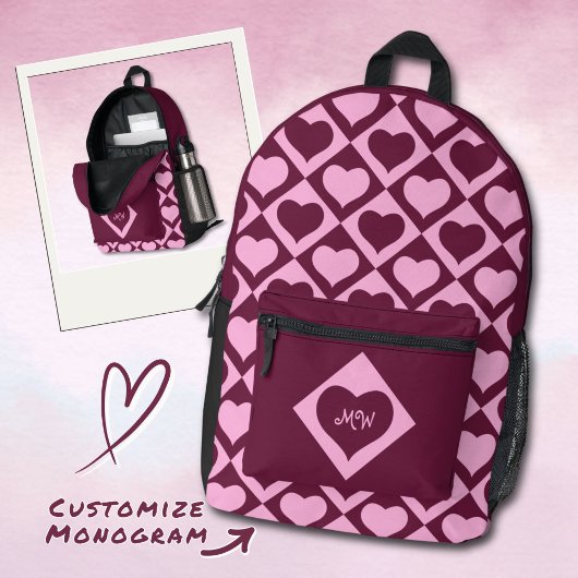 Monogramm Herz Karomuster Bordeaux Rosa Bedruckter Rucksack