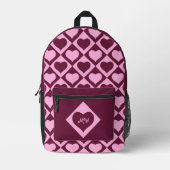Monogramm Herz Karomuster Bordeaux Rosa Bedruckter Rucksack (Vorderseite)