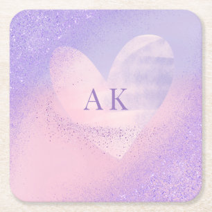 Monogramm Herz mit Lila Rosa Verlauf  Rechteckiger Pappuntersetzer