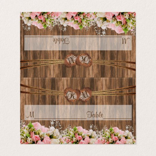 Monogramm Herz mit rosa Rosen| Platzkarten Visitenkarten (Außenseite Aufgefaltet)