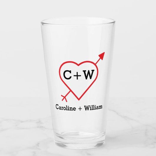 Monogramm Herz und Pfeil Glas (Vorderseite)