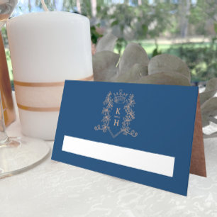 Monogramm Herz Wappen dunkelblaue Rose Goldhochzei Platzkarte