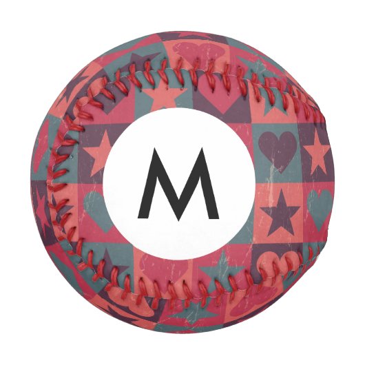 Monogramm-Herzen- und Sterne-Muster Rosa Baseball (Vorderseite Links)