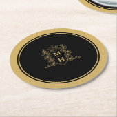 Monogramm Herzkronengold Schwarze Hochzeit Wappen Runder Pappuntersetzer (Angewinkelt)