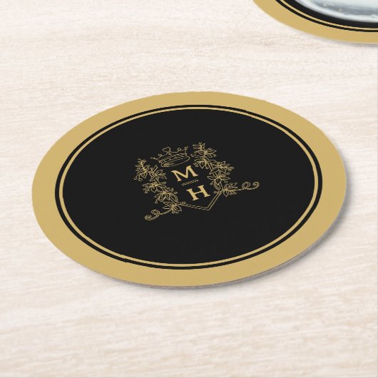 Monogramm Herzkronengold Schwarze Hochzeit Wappen Runder Pappuntersetzer (Angewinkelt)