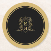 Monogramm Herzkronengold Schwarze Hochzeit Wappen Runder Pappuntersetzer (Vorderseite)