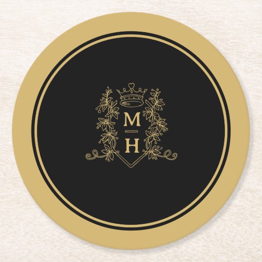 Monogramm Herzkronengold Schwarze Hochzeit Wappen Runder Pappuntersetzer (Vorderseite)