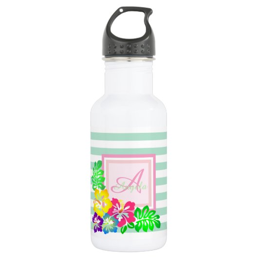 Monogramm,Hibiskus auf Streifen Personalisiert Edelstahlflasche (Vorderseite)