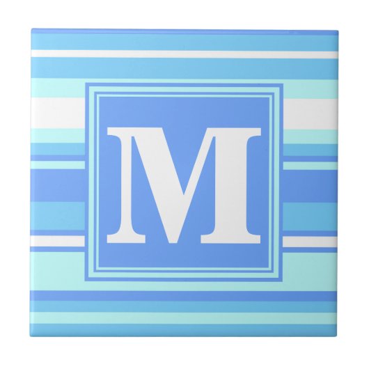 Monogramm Himmelsblau Streifen Fliese (Vorderseite)