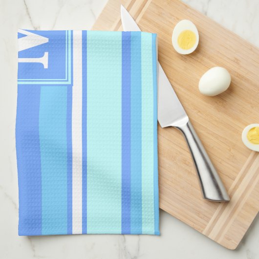 Monogramm Himmelsblau Streifen Geschirrtuch (Viertel Falte)
