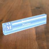 Monogramm Himmelsblau Streifen Namensplakette (Seite)