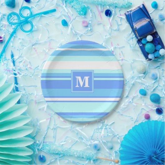 Monogramm Himmelsblau Streifen Pappteller (Party)