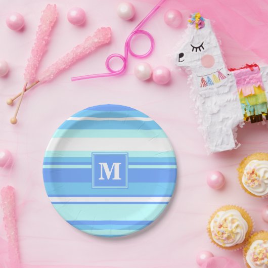 Monogramm Himmelsblau Streifen Pappteller (Party)