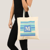 Monogramm Himmelsblau Streifen Tragetasche (Vorderseite (Produkt))