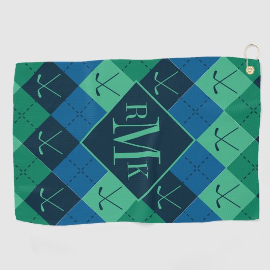 Monogramm hinzufügen | Blaue und grüne Raute Golfhandtuch (Horizontal)