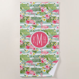 Monogramm hinzufügen Flamingos und Streifen Strandtuch