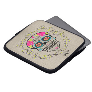 Monogramm-Hipster-Buntes-Zuckerschädel-Jute Laptopschutzhülle