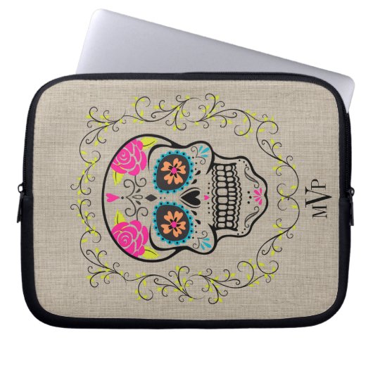 Monogramm Hipster farbiger Zucker Schädelknochen Laptopschutzhülle (Vorderseite)