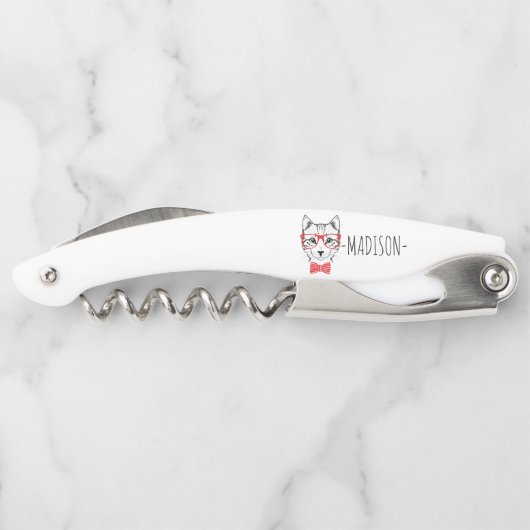 Monogramm Hipster Katze mit Extravagantem Rotem Bo Kellnermesser (Rückseite)