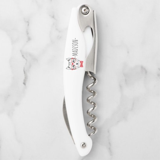 Monogramm Hipster Katze mit Extravagantem Rotem Bo Kellnermesser (Rückseite)