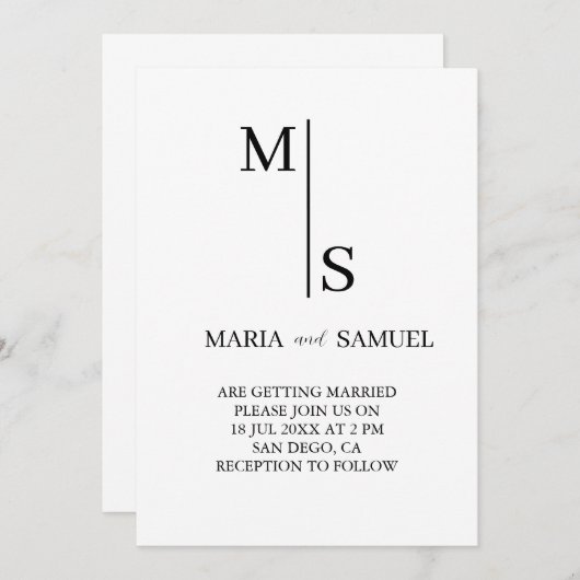 Monogramm Hochzeit Elegant Einfach Minimalistisch Einladung (Vorne/Hinten)