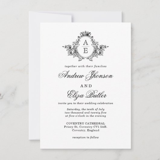 Monogramm-Hochzeit für Schwarz-Weiß-Wappen Einladung (Vorderseite)