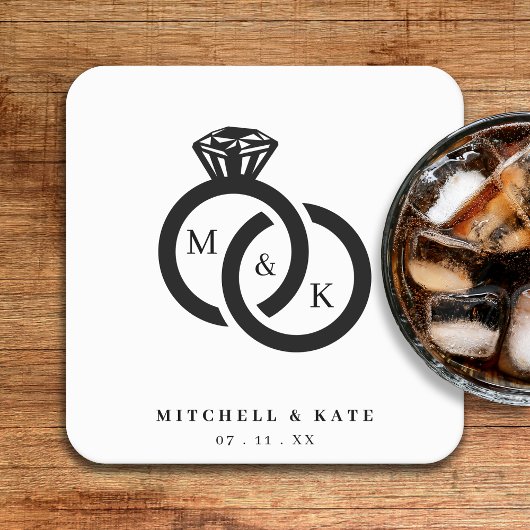 Monogramm-Hochzeit mit weißem und schwarzem Diaman Rechteckiger Pappuntersetzer