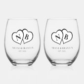 Monogramm-Hochzeit mit weißem und schwarzem Herz Weinglas Ohne Stiel (Vorderseite)