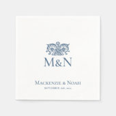 Monogramm Hochzeit Ornament Blumen Blau Papier Serviette (Vorderseite)