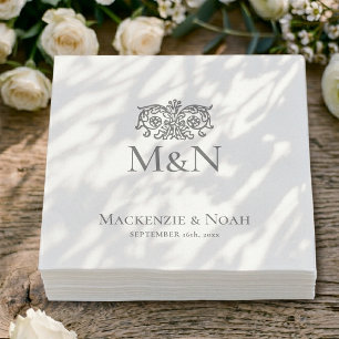 Monogramm Hochzeit Ornament Blumen Grau Papier Serviette